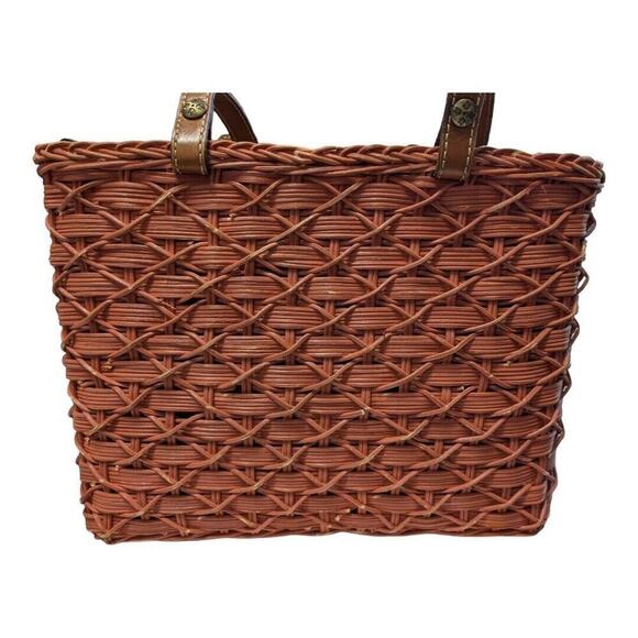 Patricia Nash Wicker Straw Weave Purse Handbag Orange Brown Leather - Picture 3 of 12